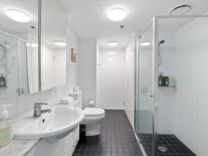Hair dryer, towels, shampoo, toilet paper