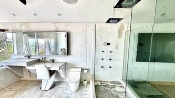 Hair dryer, towels, soap, toilet paper