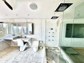 Hair dryer, towels, soap, toilet paper