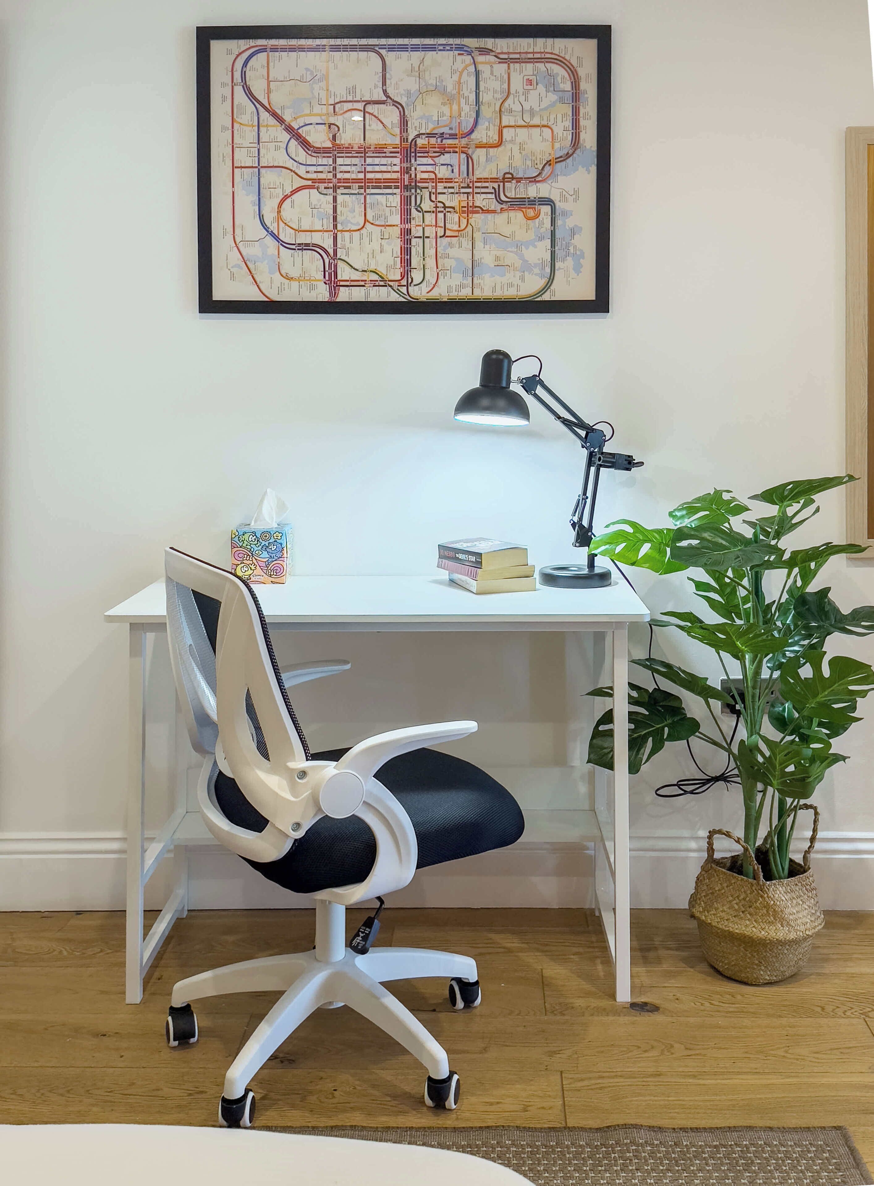 A desk with a chair, a desk lamp, a plant, and a framed map on the wall.