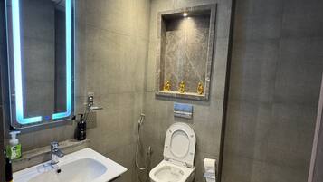 Hair dryer, towels, soap, toilet paper