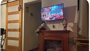 Una sala de estar con chimenea, un televisor montado en la pared y un puerta corrediza.