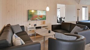 TV, fireplace, video-game console, foosball