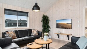 TV, fireplace, video-game console, foosball