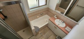 Shower, hair dryer, towels, toilet paper