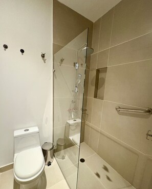 シャワー、タオル、トイレットペーパー