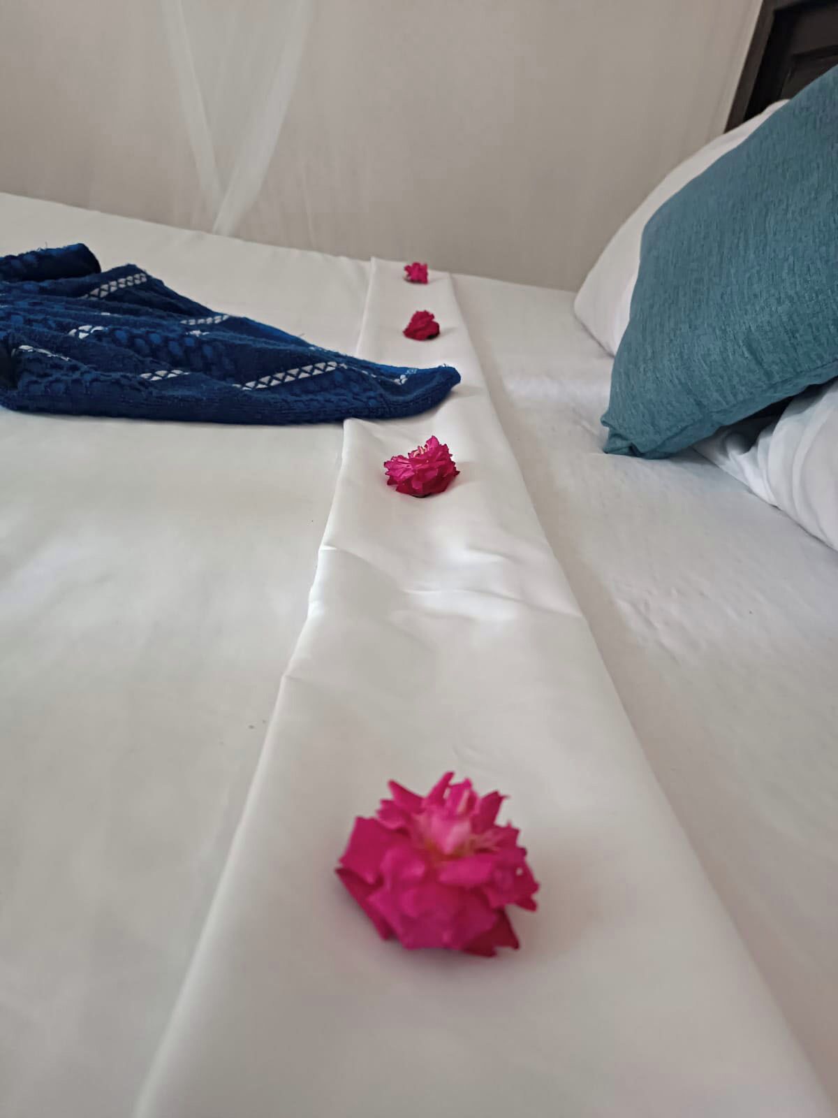 A bed with a white sheet, a blue lace garment, and pink flower petals.