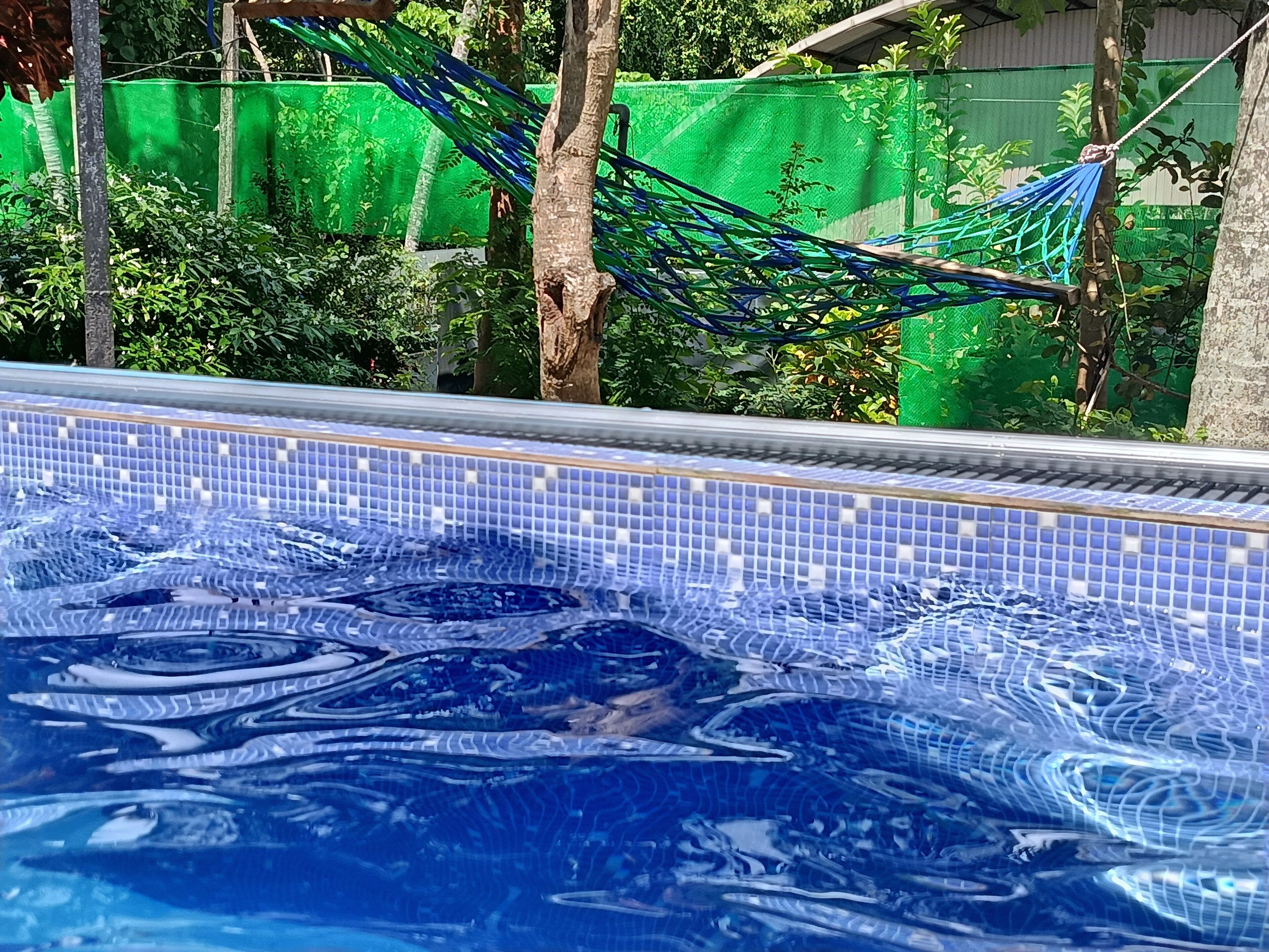 Piscina com bordas azuis em mosaico e uma rede de descanso ao fundo.