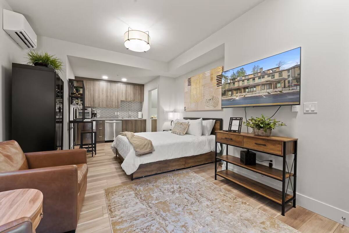 Standard Apartment, 1 Queen Bed, Non Smoking, Pets Allowed | Premium bedding, laptop workspace, blackout drapes, iron/ironing board