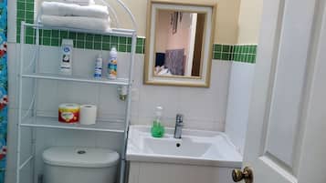 Hair dryer, towels, soap, toilet paper