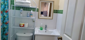 Hair dryer, towels, soap, toilet paper