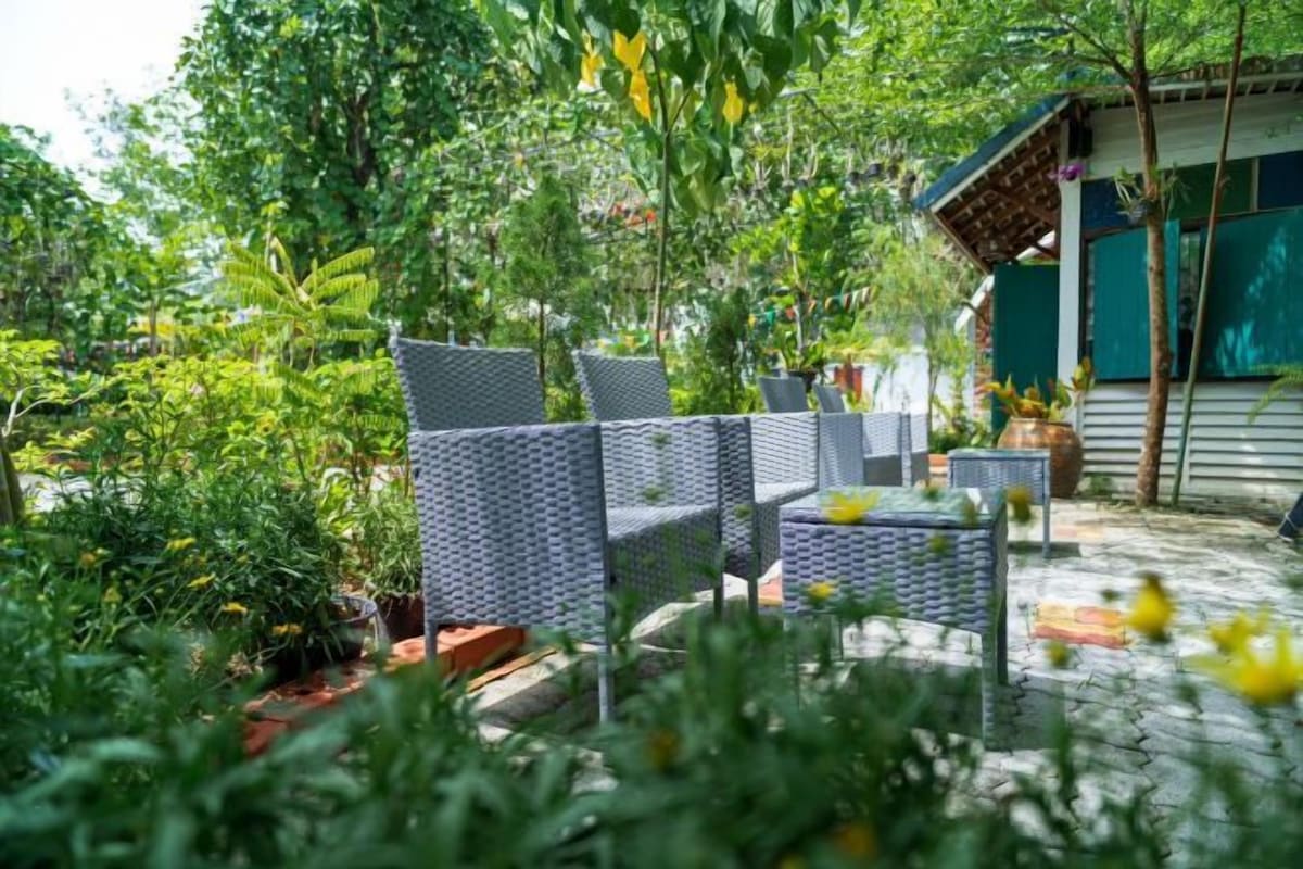 Un espace extérieur aménagé avec des meubles en osier, entouré d’une végétation luxuriante et agrémenté d’un petit bâtiment doté d’un toit en pente.