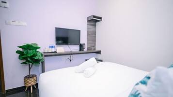 A hotel room with a bed, a television on a stand, a small plant, and a wall-mounted heater.