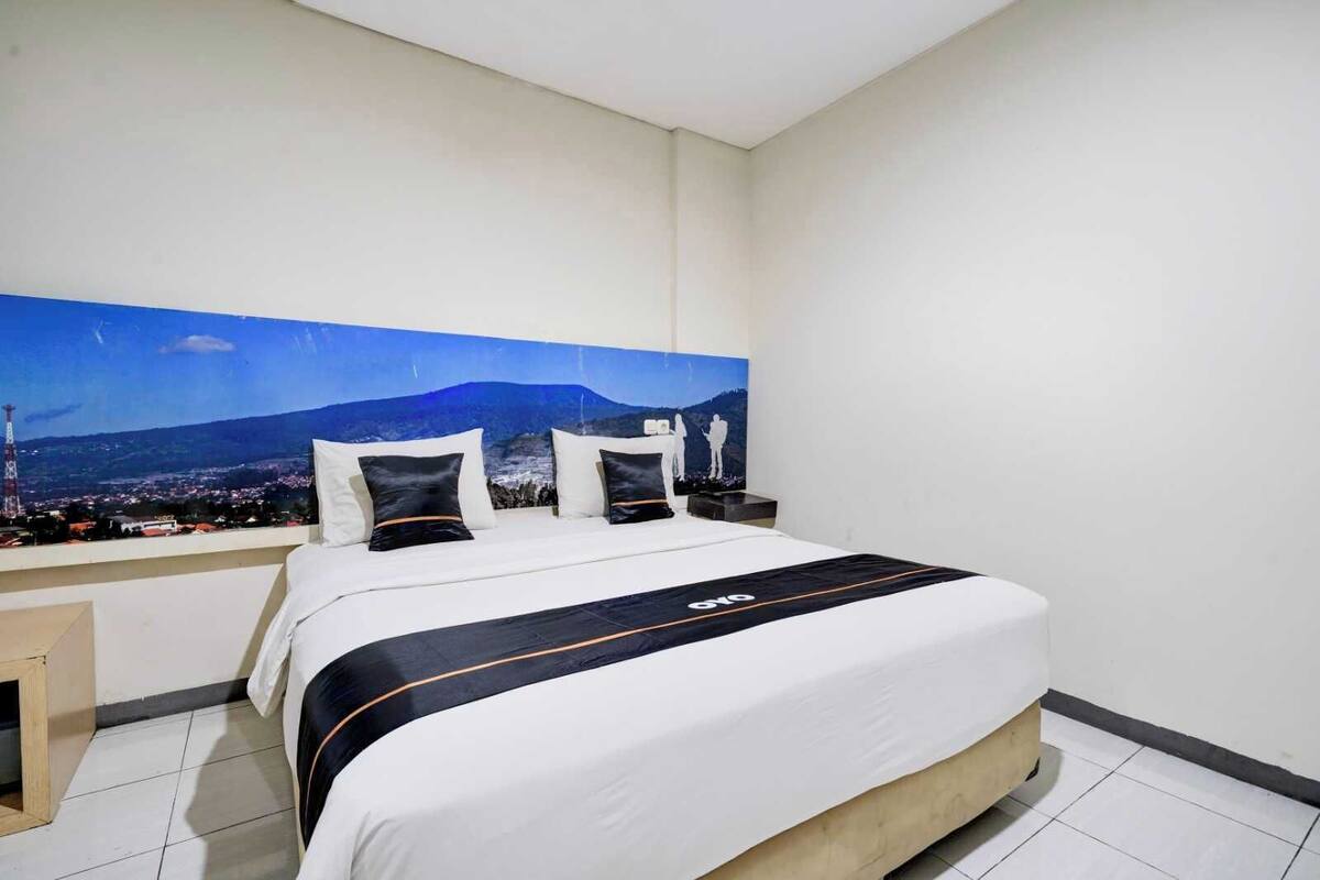 A hotel room with a large bed, two pillows, a nightstand, and a view of a mountain and cityscape.