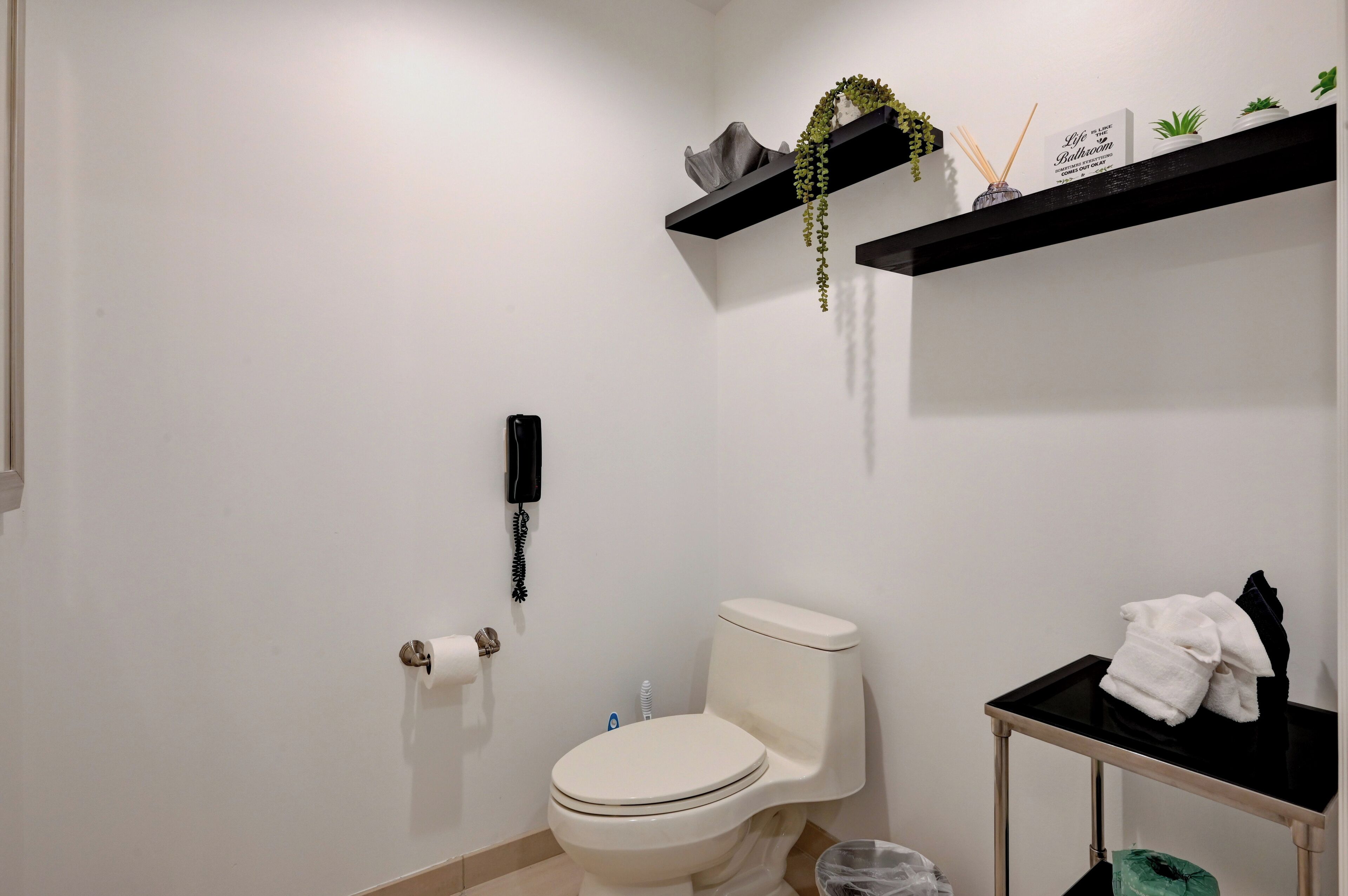 A bathroom with a toilet, a toilet paper holder, a phone, and a shelf with plants and a sign.