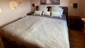 A bedroom with a large bed, a ceiling light, a wall-mounted picture, and a bedside table.