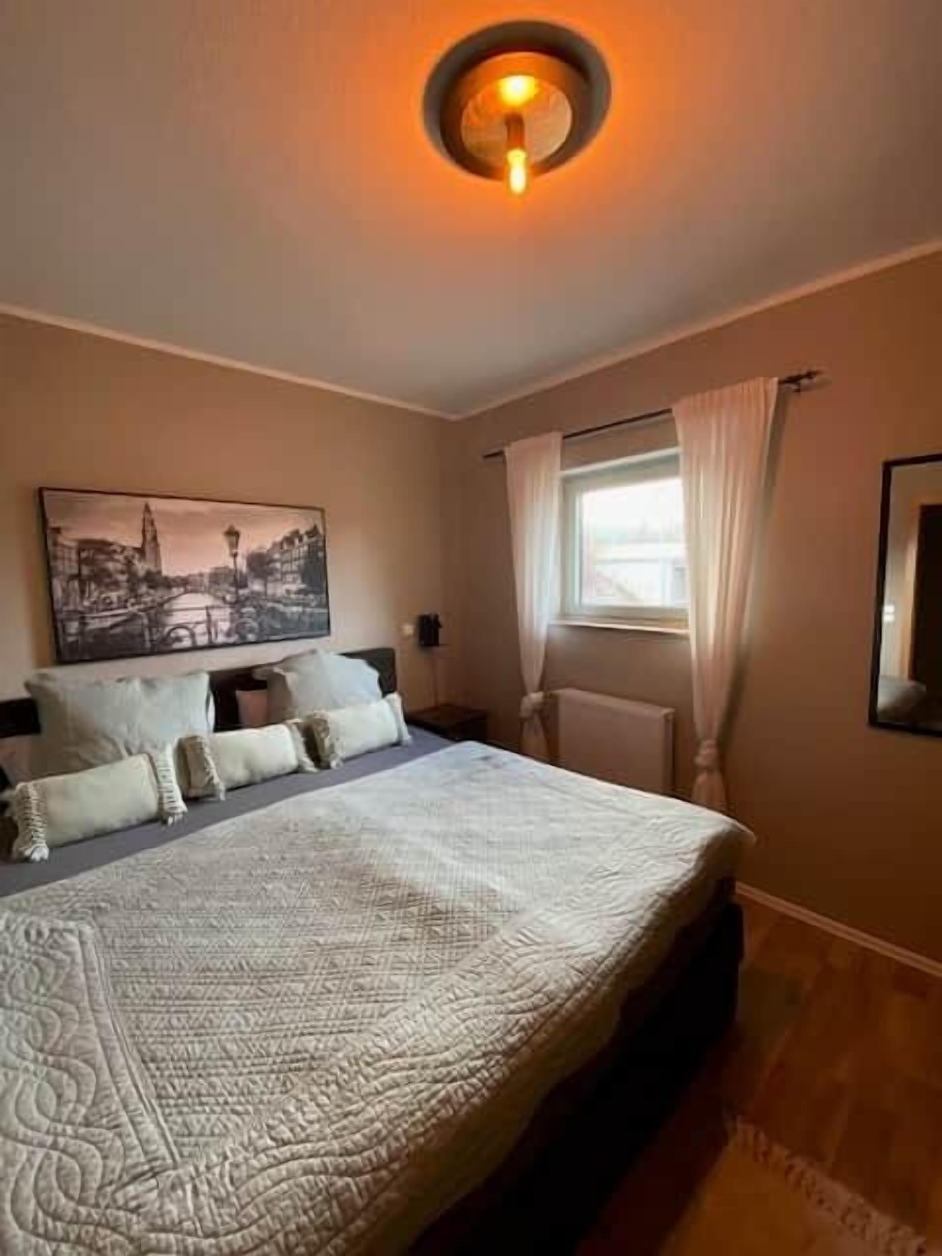 Een slaapkamer met een groot bed, een schilderij van een stadsgezicht, een raam met gordijnen en een ronde lamp op het plafond.