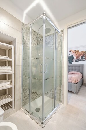 Shower, hair dryer, bidet, towels