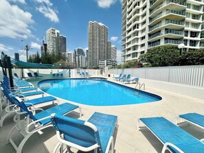 Outdoor pool, pool loungers