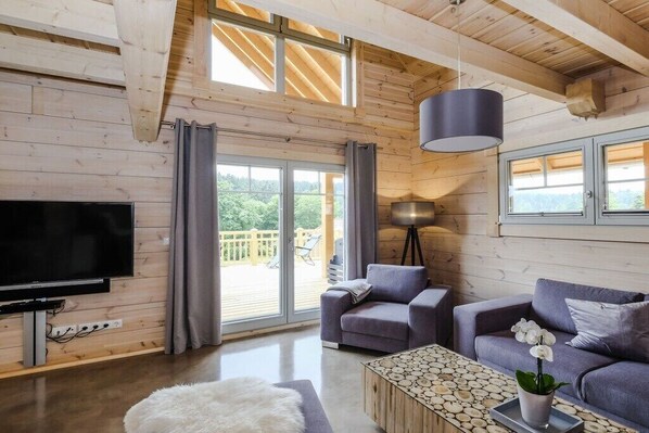 Smart TV, fireplace, DVD player, stereo