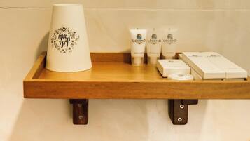 Shower, slippers, towels, soap