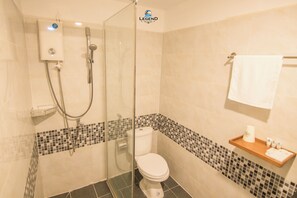 Shower, towels, soap, shampoo