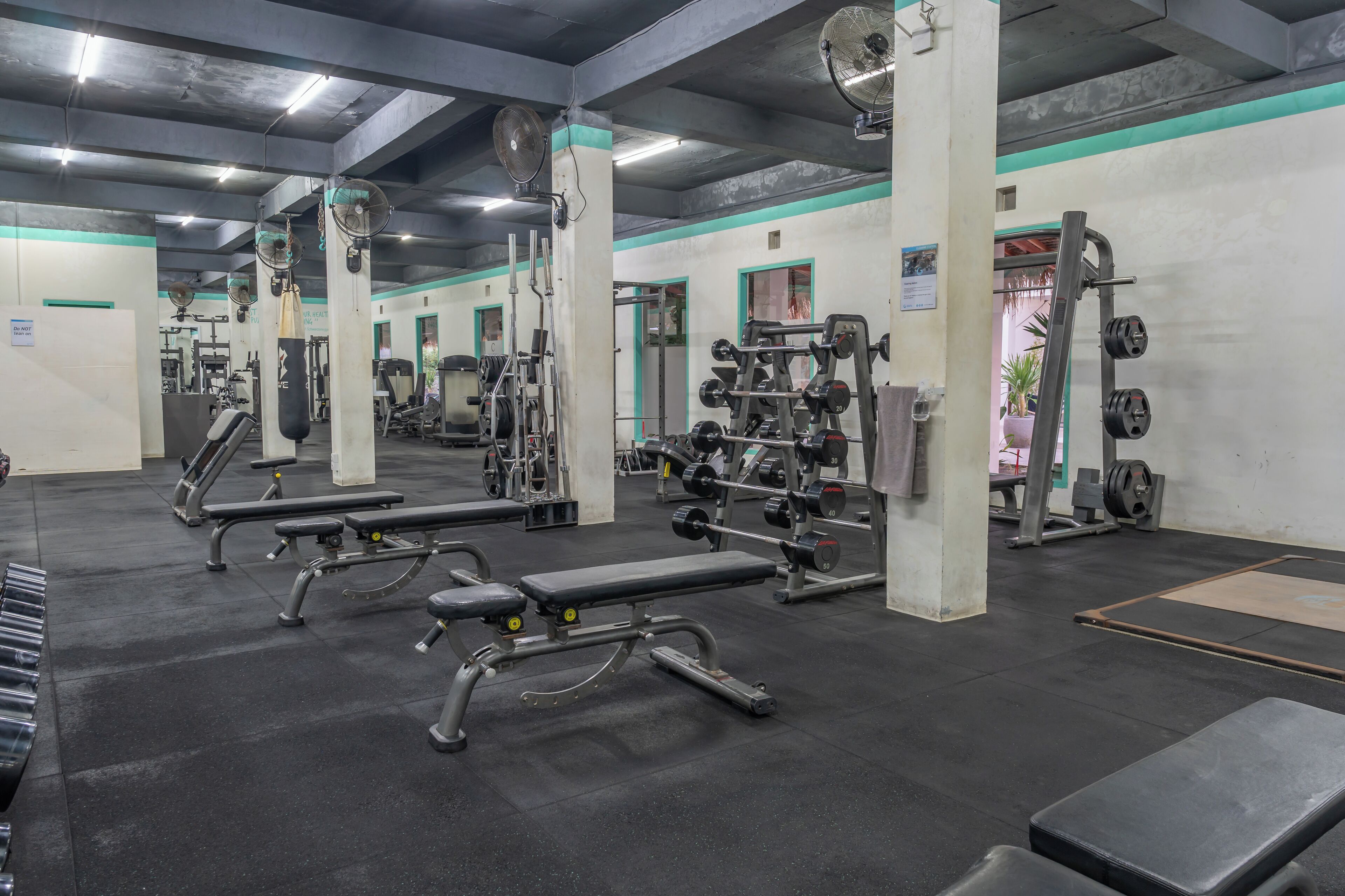 Un gimnasio con varios equipos de ejercicio, como bancos, máquinas de pesas y una estructura para sentadillas.