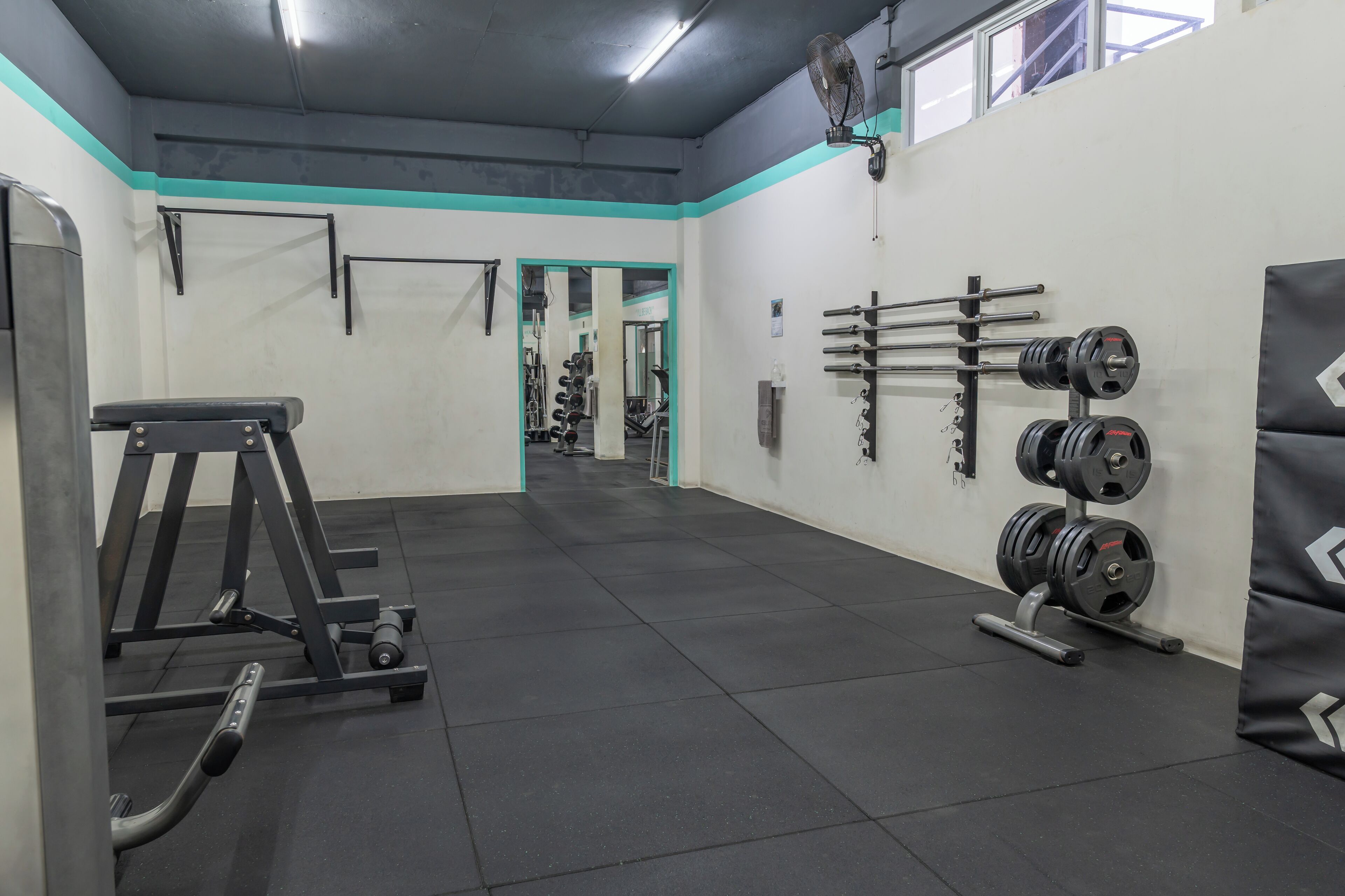 A gym with weightlifting equipment, a pull-up bar, and a squat rack.