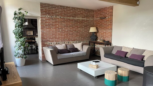 Ein Wohnzimmer mit zwei Sofas, einem Couchtisch und einer Zimmerpflanze.