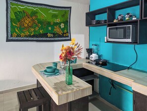 Fridge, microwave, stovetop, coffee/tea maker