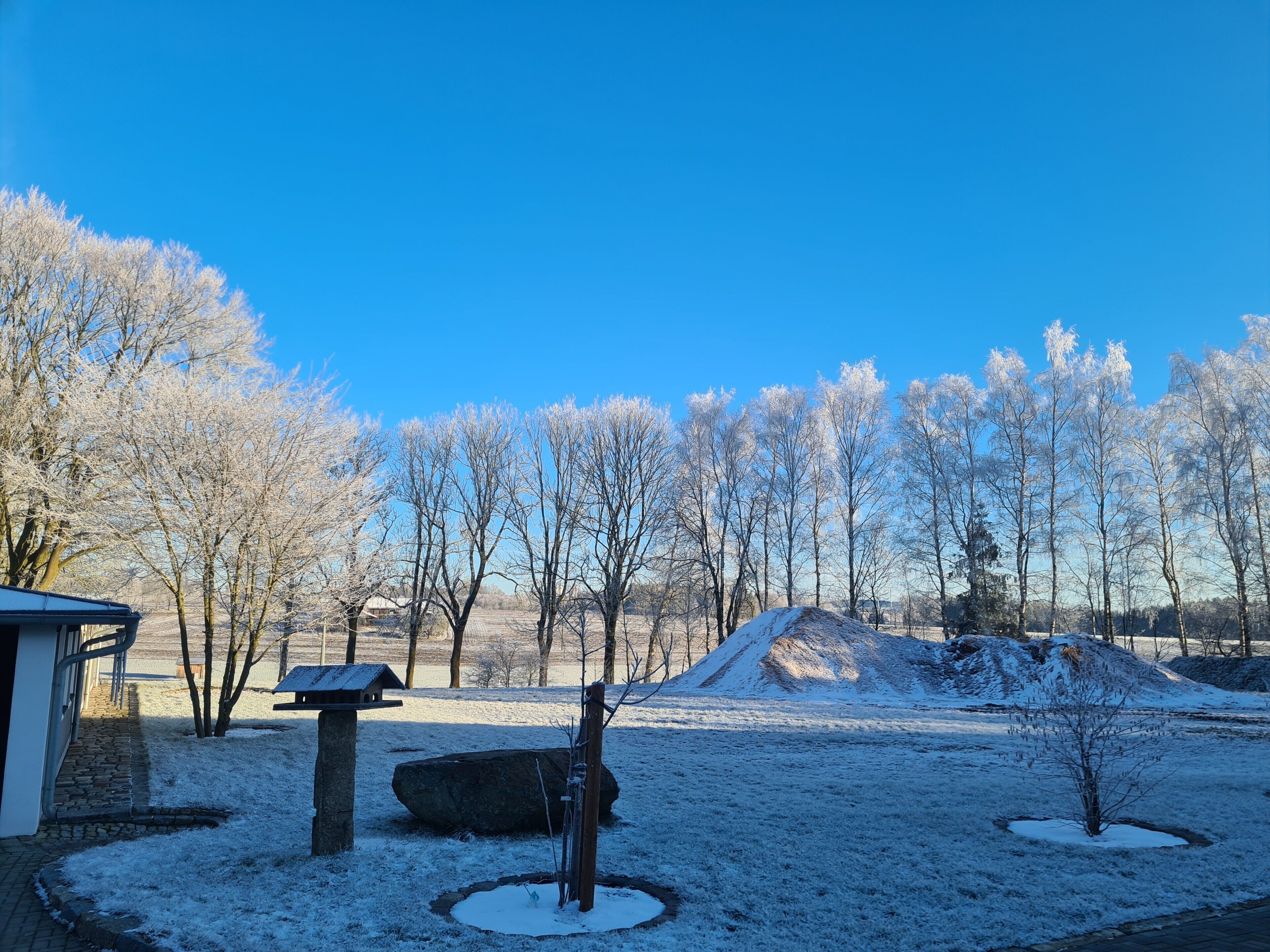 Un espacio al aire libre cubierto de nieve, con árboles, una estructura de piedra y un banco de madera.