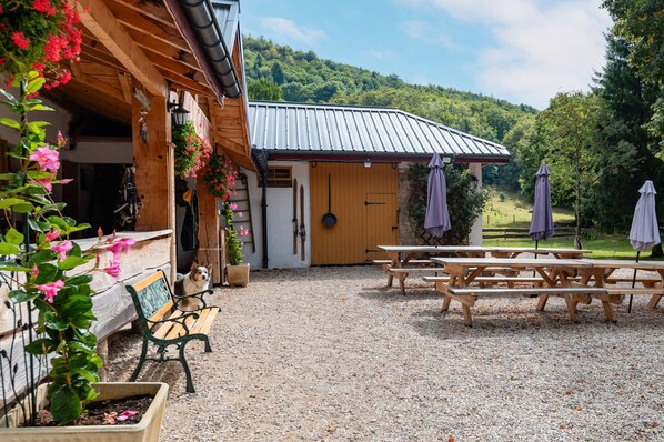 Outdoor dining - Room 'Les Carlines 2' with Mountain View, Shared Terrace and Wi-Fi (Vassieux-en-Vercors)