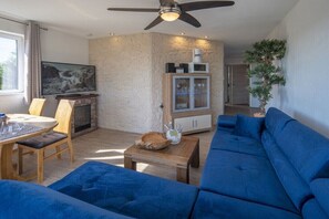 Smart TV, fireplace, video games, DVD player