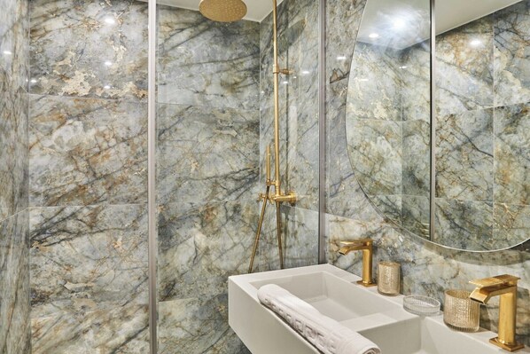 Shower, hair dryer, towels