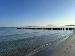 A clear beach with a wooden pier extending into the water.