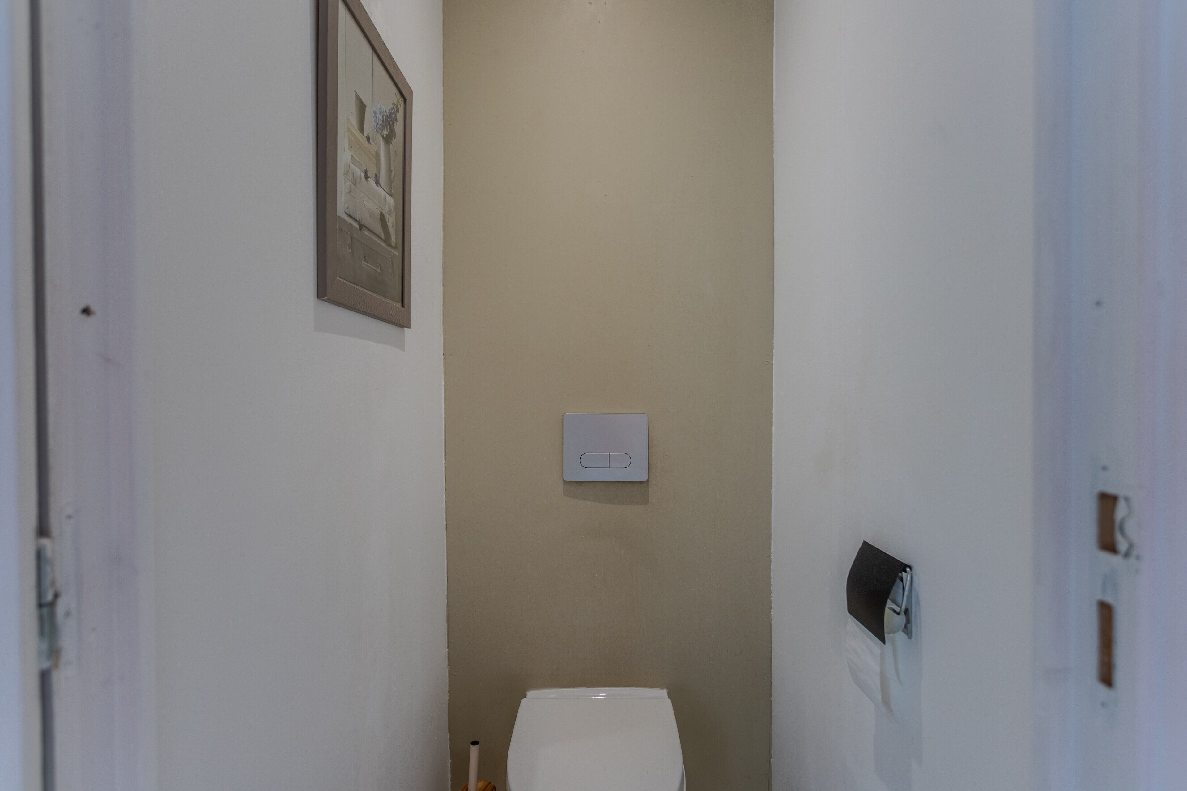 Un couloir étroit avec des toilettes, un tableau encadré sur le mur de gauche et un interrupteur.