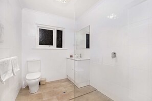 Shower, hair dryer, towels, shampoo