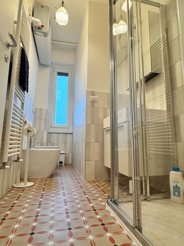 Shower, free toiletries, hair dryer, bidet