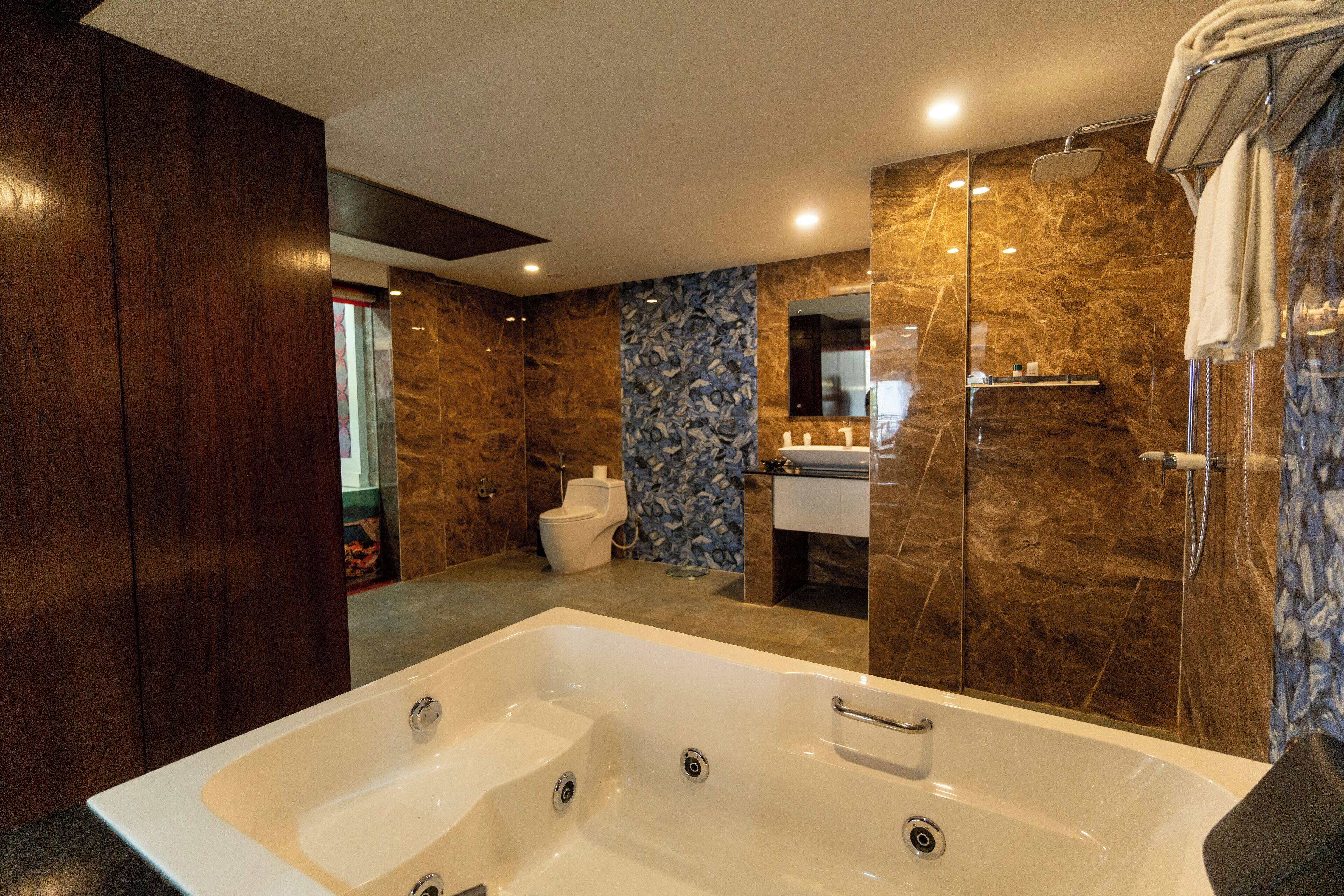 Un baño moderno con una bañera grande, ducha e inodoro.