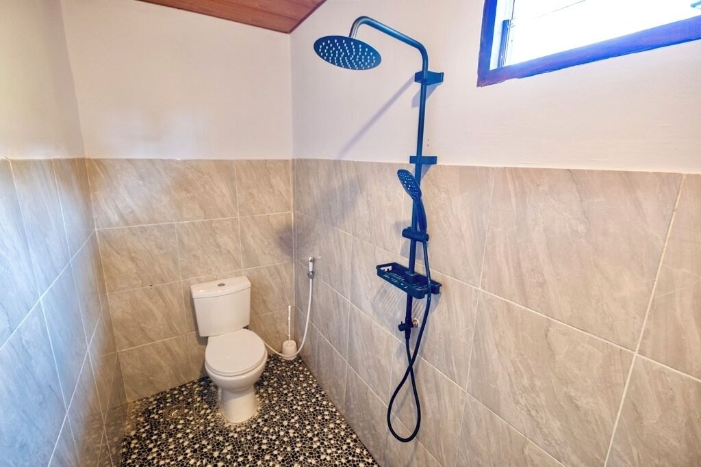 A small bathroom with a toilet, a shower with a handheld showerhead, and a window.
