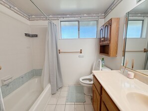 Shower, hair dryer, bidet, towels