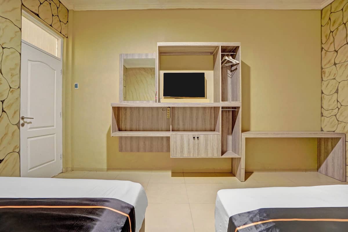 A bedroom with two beds, a wardrobe, a TV, and a mirror.