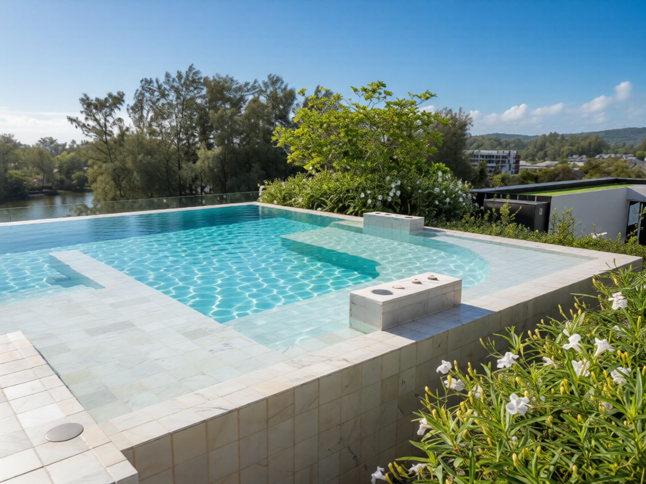 Una piscina rectangular con superficie de agua azul cristalina, rodeada por un solárium con baldosas y un pequeño espacio de estar.