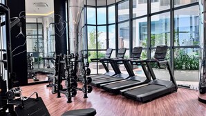 A gym with treadmills, weight machines, and a large window offering a view of the city. - 2-bedroom apartment with AC, fitness room and pool in the heartof  Colombo (Colombo)