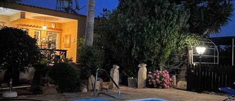 A swimming pool with a built-in slide, surrounded by a patio area with stone features and a view of a house with a satellite dish.