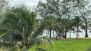 A tropical garden with palm trees and a view of the beach. - Beachside Bliss Homestay (Phu Quoc)