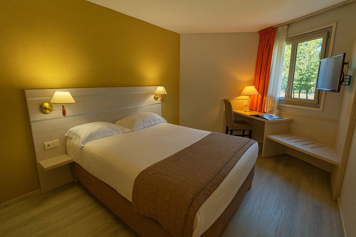 Ein Hotelzimmer mit einem Bett, Nachttischlampen, einem Schreibtisch mit Stuhl und einem an der Wand befestigten Fernseher.