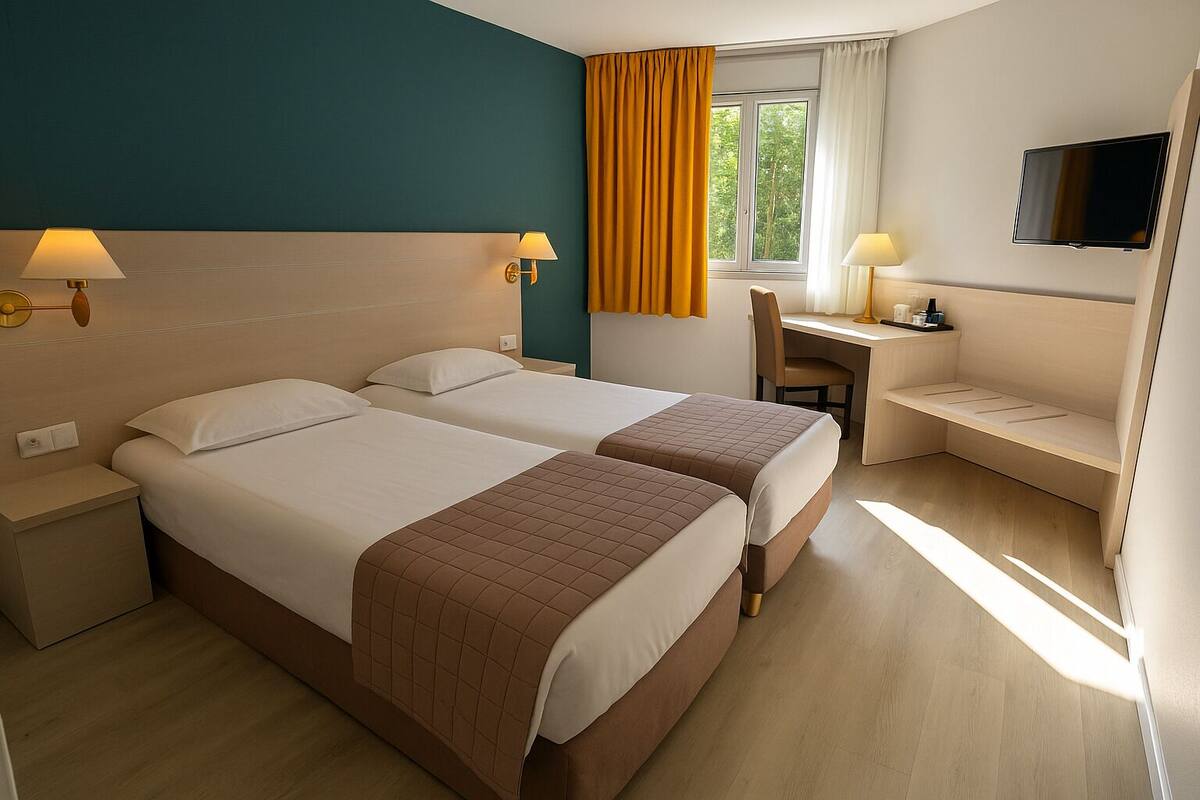 Ein Hotelzimmer mit zwei Betten, einem Schreibtisch, einem Stuhl, einem Fernseher und einem Fenster mit Vorhängen.