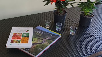 A table with a book, two potted plants, and three shot glasses.