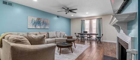 TV, fireplace, offices